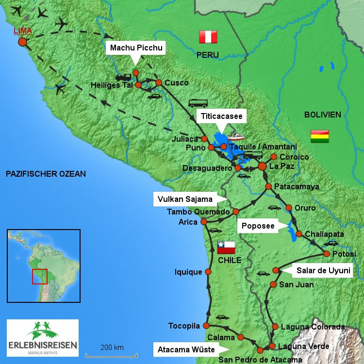Rundreise durch Peru Bolivien und Chile - Karte
